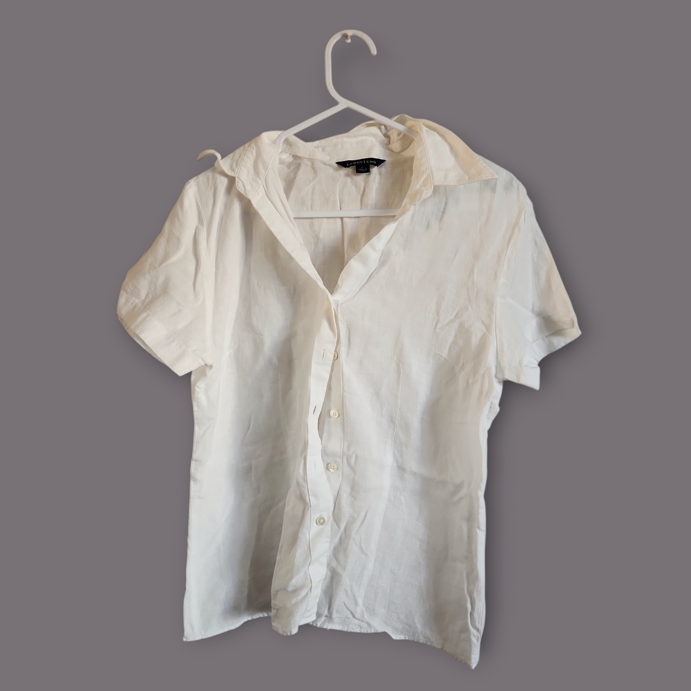 Lands' End Women's Size 20 White 100% Linen Short Sleeve Button Down Shirt